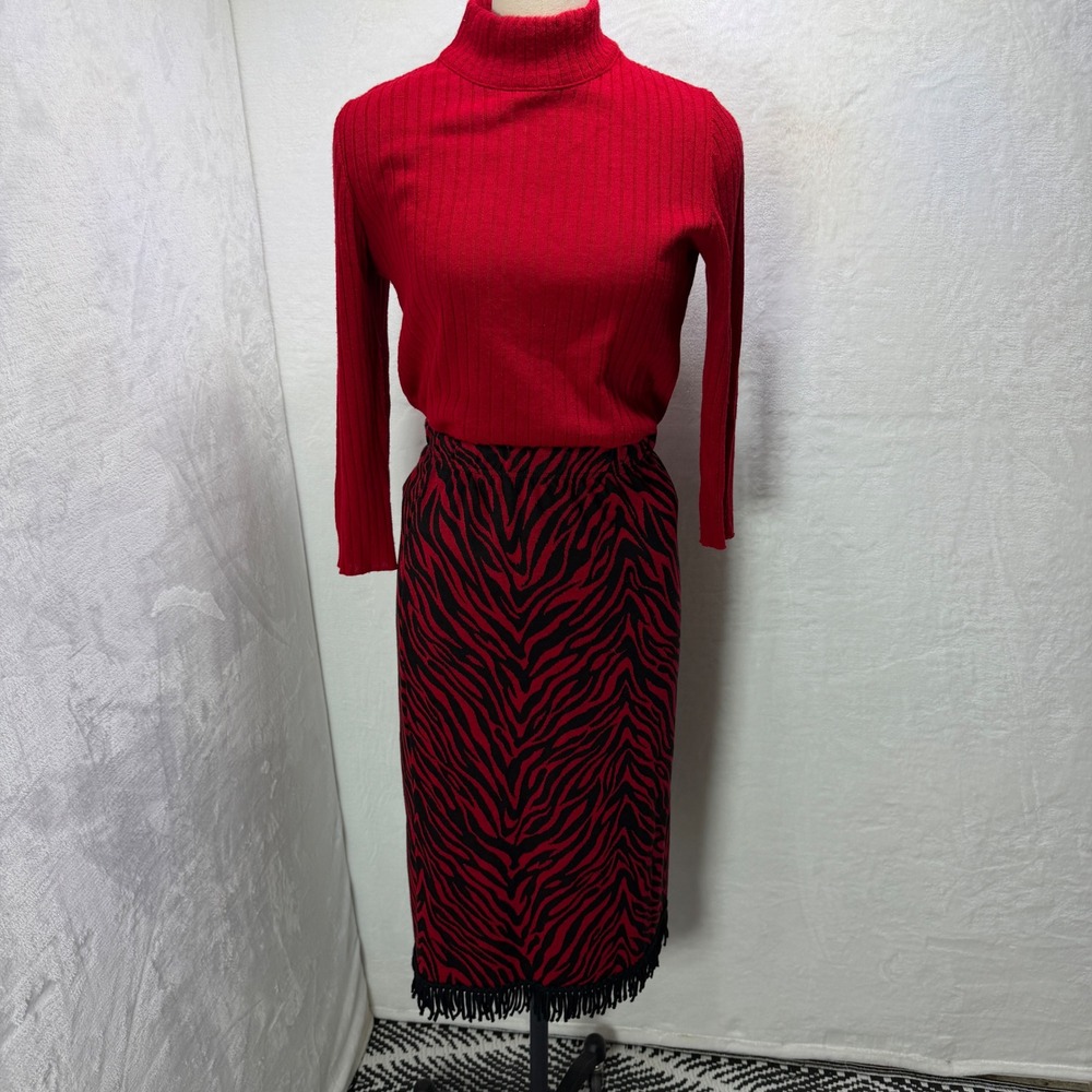Lennie Nina Leonard Red Ribbed Turtleneck & Zebra Print Fringe Skirt Set L XL